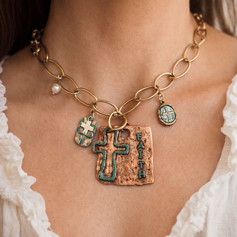 Crave Chunky Faith Chain Necklace in Gold and Copper Color With Teal Accents